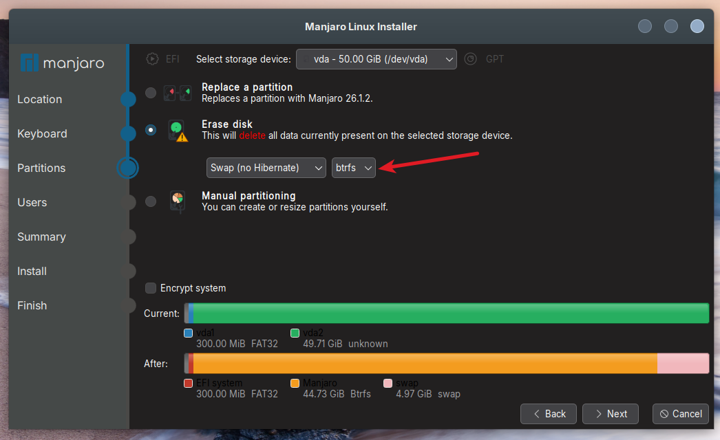 Manjaro Installer BTRFS